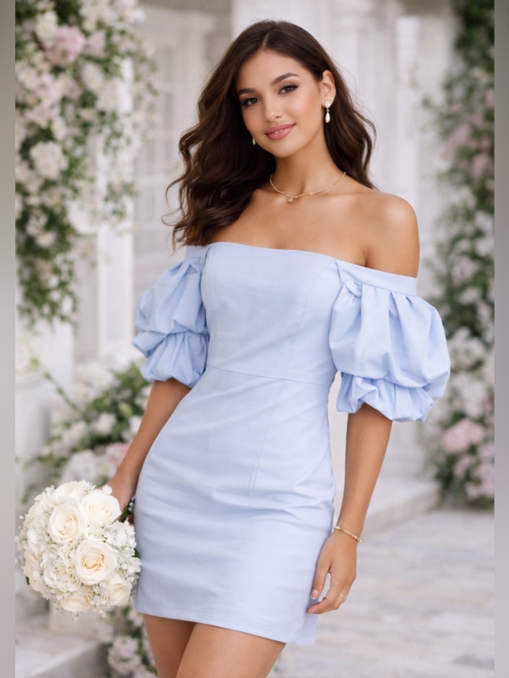 Petal & Pup Baby Blue Puff Sleeve Mini Dress | Bridal Shower S